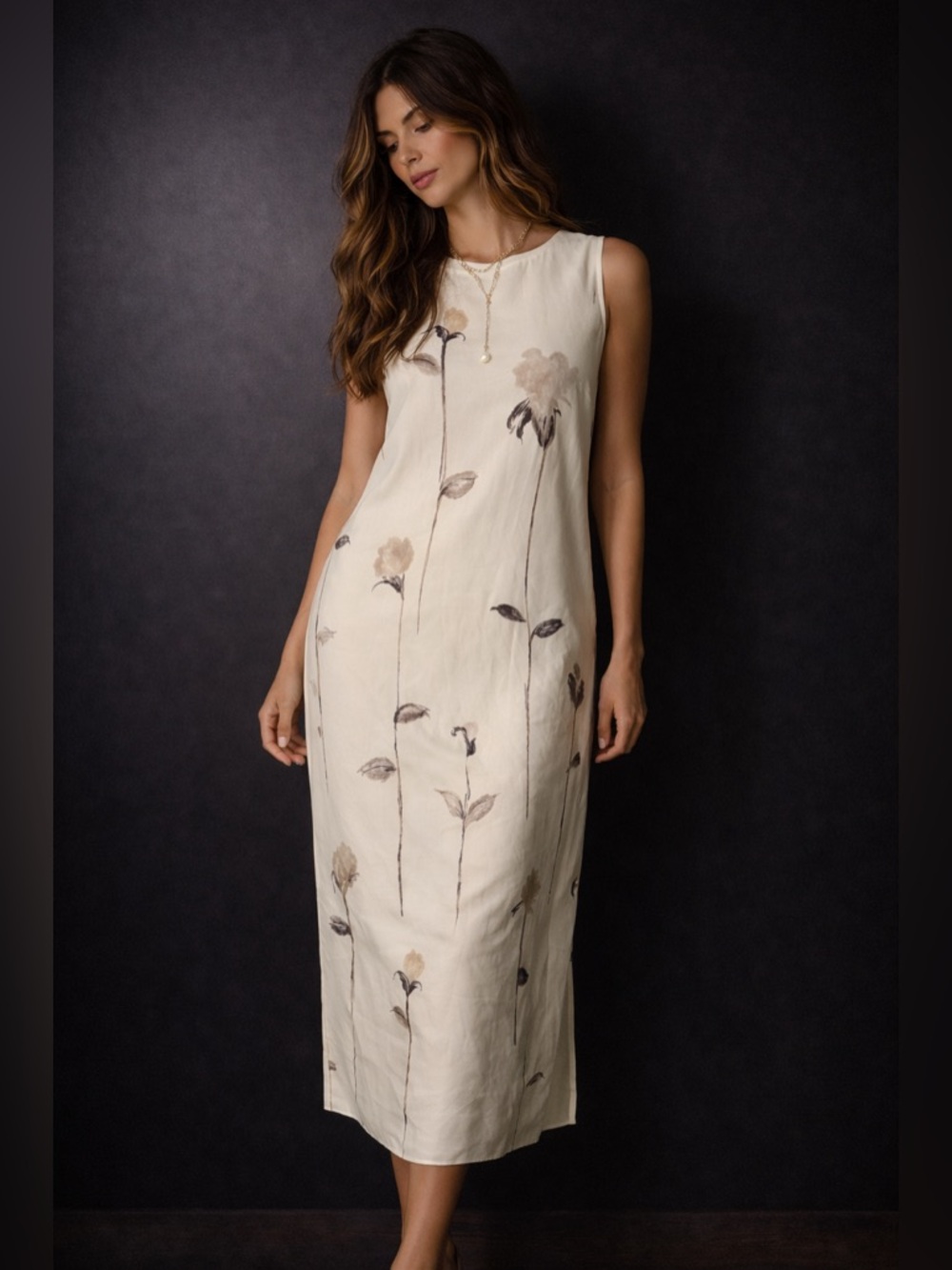 Kay Unger Minimalist Silk Column Dress Botanical Print